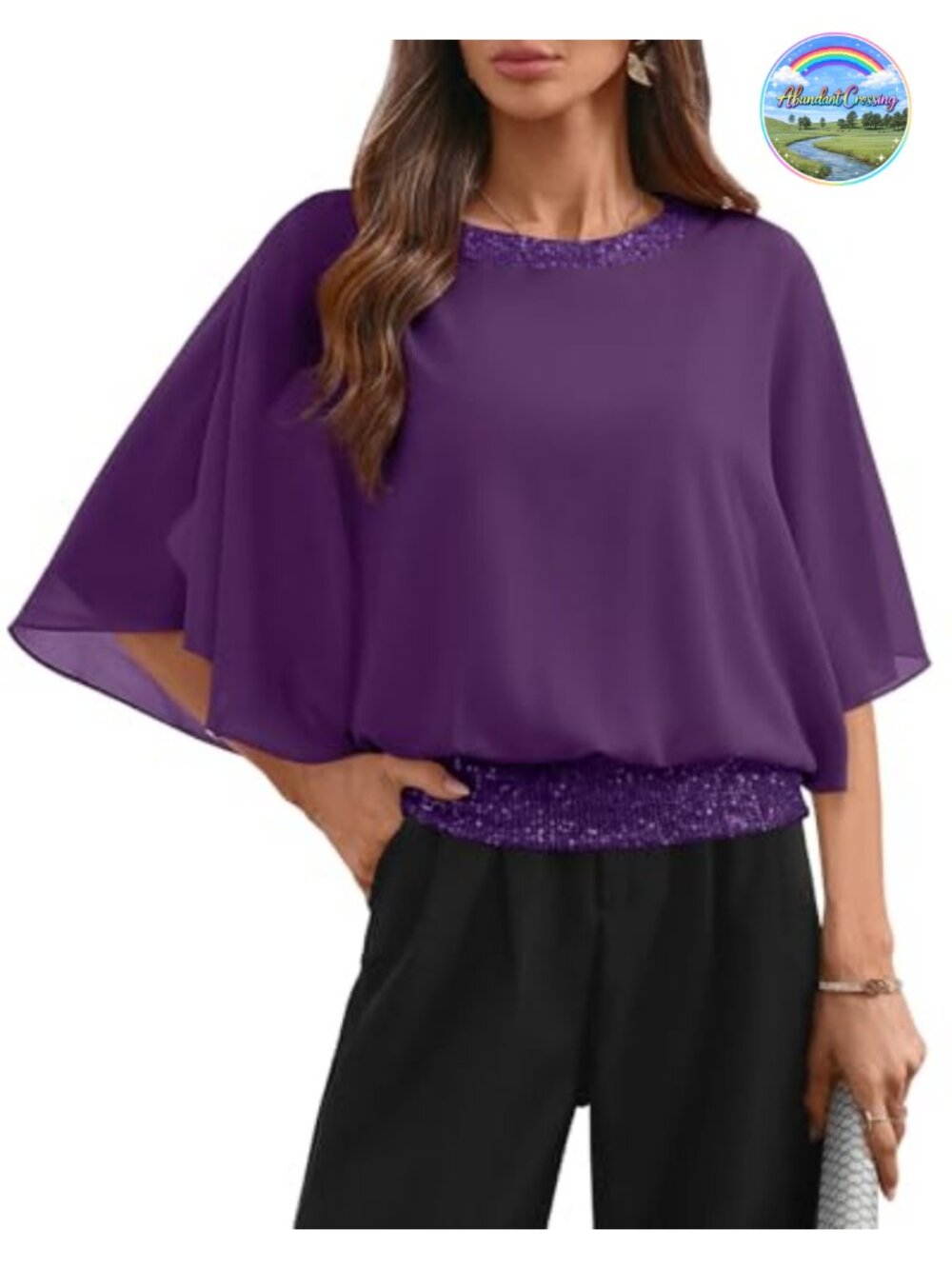 Women's Sequin Formal Wedding Top Batwing Sleeve Chiffon Party Shirt Blouse